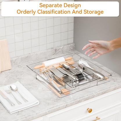 Acrylic Clear Expandable Kitchen Utensil Drawer Organizer and Silverware Organizer,BPA FREE Adjustable Silverware Tray for Drawer Cutlery,Spatula,Tools,Flatware Organizers,Fork and Spoon Holder