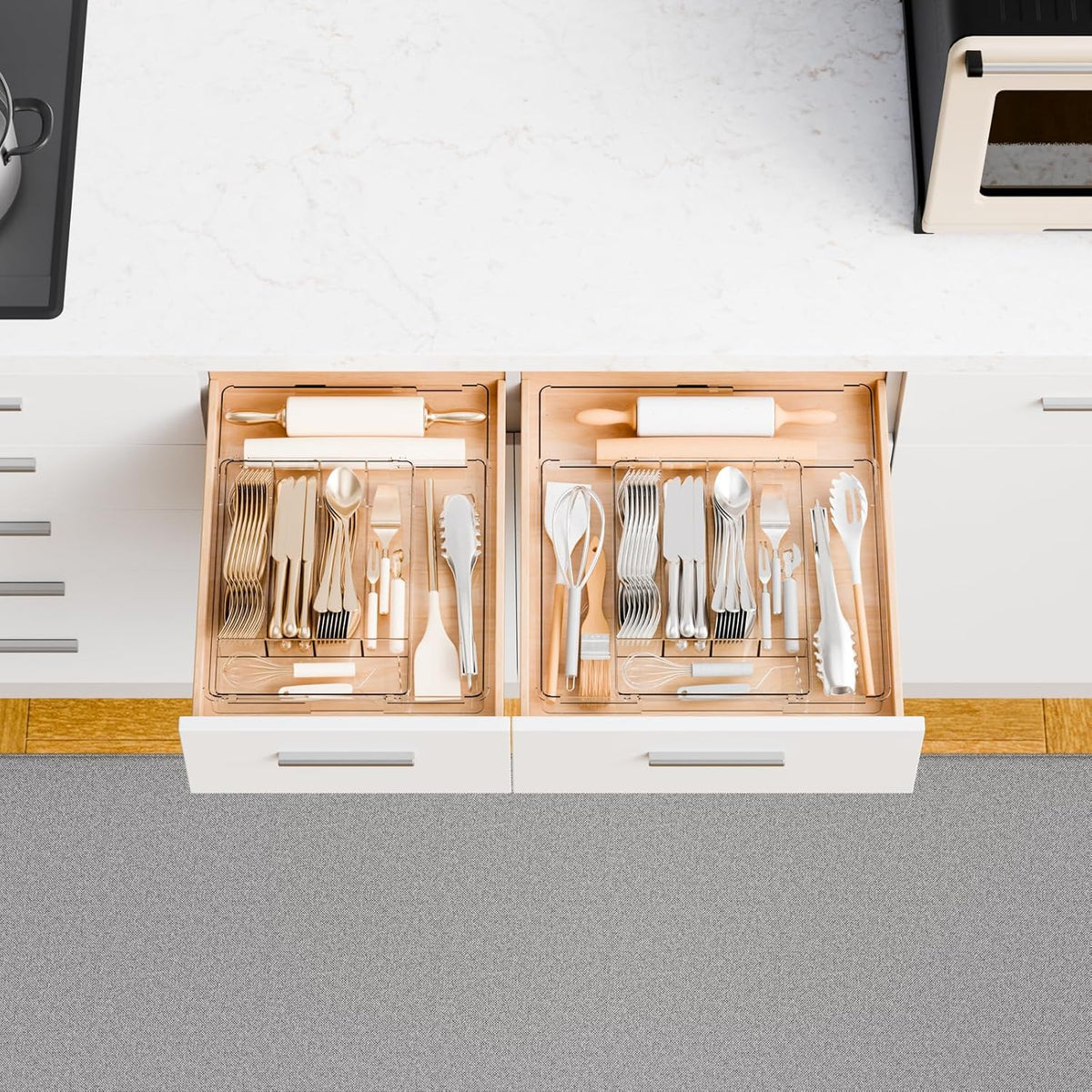 Acrylic Clear Expandable Kitchen Utensil Drawer Organizer and Silverware Organizer,BPA FREE Adjustable Silverware Tray for Drawer Cutlery,Spatula,Tools,Flatware Organizers,Fork and Spoon Holder