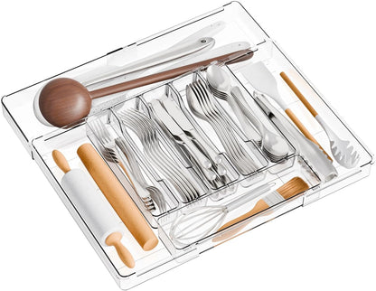 Acrylic Clear Expandable Kitchen Utensil Drawer Organizer and Silverware Organizer,BPA FREE Adjustable Silverware Tray for Drawer Cutlery,Spatula,Tools,Flatware Organizers,Fork and Spoon Holder