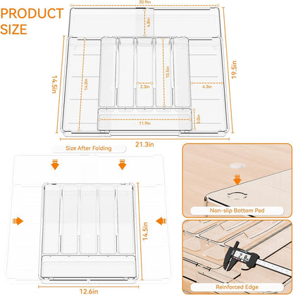 Acrylic Clear Expandable Kitchen Utensil Drawer Organizer and Silverware Organizer,BPA FREE Adjustable Silverware Tray for Drawer Cutlery,Spatula,Tools,Flatware Organizers,Fork and Spoon Holder