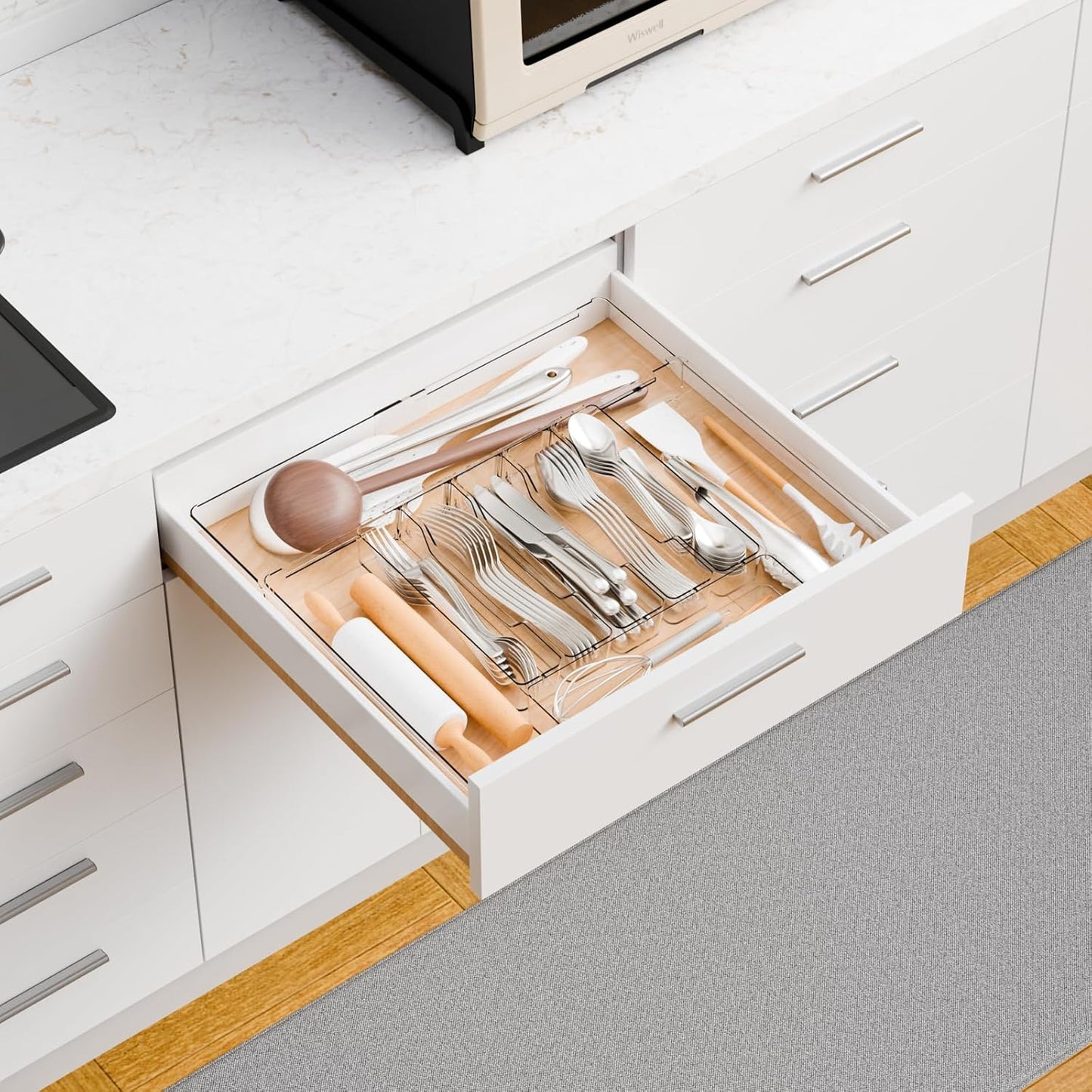 Acrylic Clear Expandable Kitchen Utensil Drawer Organizer and Silverware Organizer,BPA FREE Adjustable Silverware Tray for Drawer Cutlery,Spatula,Tools,Flatware Organizers,Fork and Spoon Holder