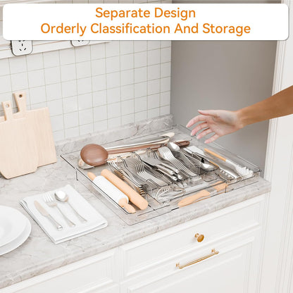 Acrylic Clear Expandable Kitchen Utensil Drawer Organizer and Silverware Organizer,BPA FREE Adjustable Silverware Tray for Drawer Cutlery,Spatula,Tools,Flatware Organizers,Fork and Spoon Holder