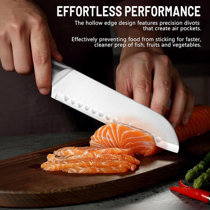 Santoku Knife, 7 Inch Chef's Knife Kitchen Knife with Razor Sharp High-Carbon German Steel, Ergonomic Non-Slip Handle for Slicing, Dicing, Chopping Meat & Vegetables, Ideal for Kitchens & Home Cooking