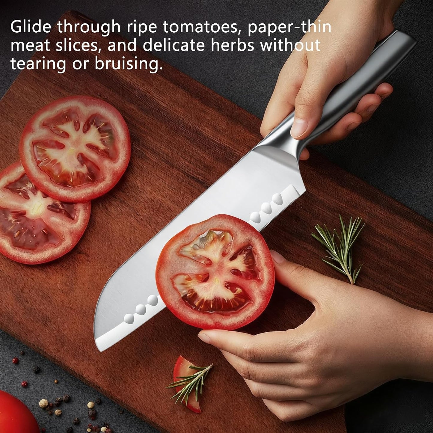Santoku Knife, 7 Inch Chef's Knife Kitchen Knife with Razor Sharp High-Carbon German Steel, Ergonomic Non-Slip Handle for Slicing, Dicing, Chopping Meat & Vegetables, Ideal for Kitchens & Home Cooking