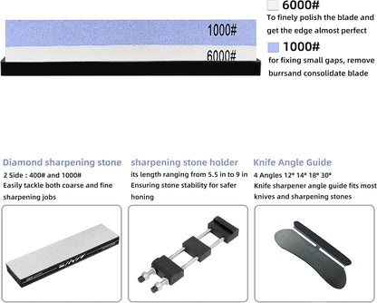 Knife Sharpening Stone Set – Professional Whetstone 4 Side Grit 1000/6000 Knife Sharpener with Diamond sharpening stone, Sharpening Stone Holder & Angle Guide