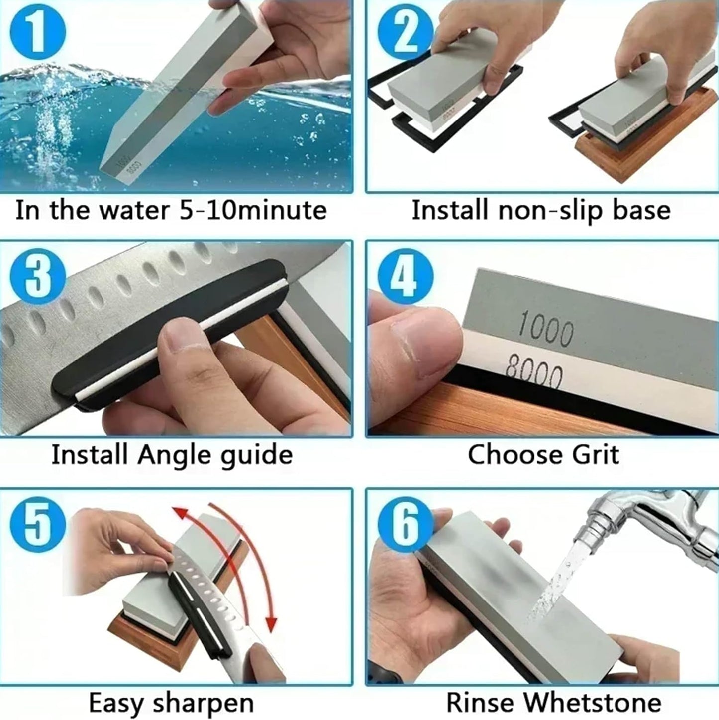 Knife Sharpening Stone Set – Professional Whetstone 4 Side Grit 1000/6000 Knife Sharpener with Diamond sharpening stone, Sharpening Stone Holder & Angle Guide