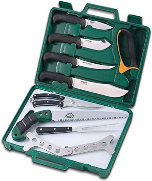Game Processor, PR-1, Complete 12-Piece Hunting Knife Kit for Processing Big Game, Full Tang 420J2 Stainless Razor Sharp Blades, TPR Non-Slip Handles, Sturdy Hide-Side Storage Case