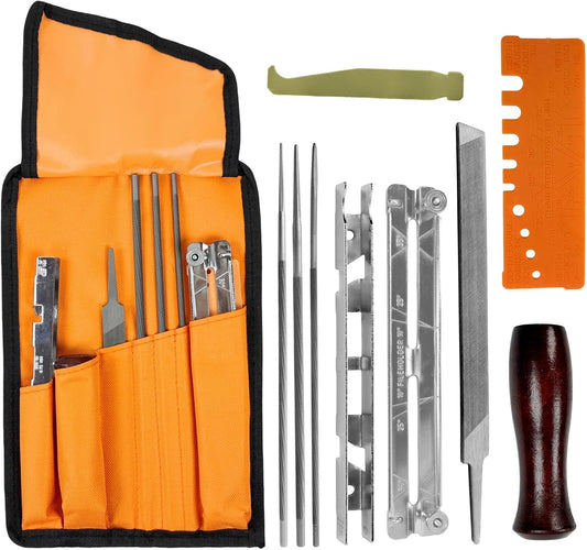 10 PC Chainsaw Sharpener Kit with 5/32" 3/16" 11/64" Round File | Complete Chain Saw Sharpener Set with 6-Inch Flat File, Depth Gauge, Filing Guide and Handle for Chainsaw Chain Sharpening