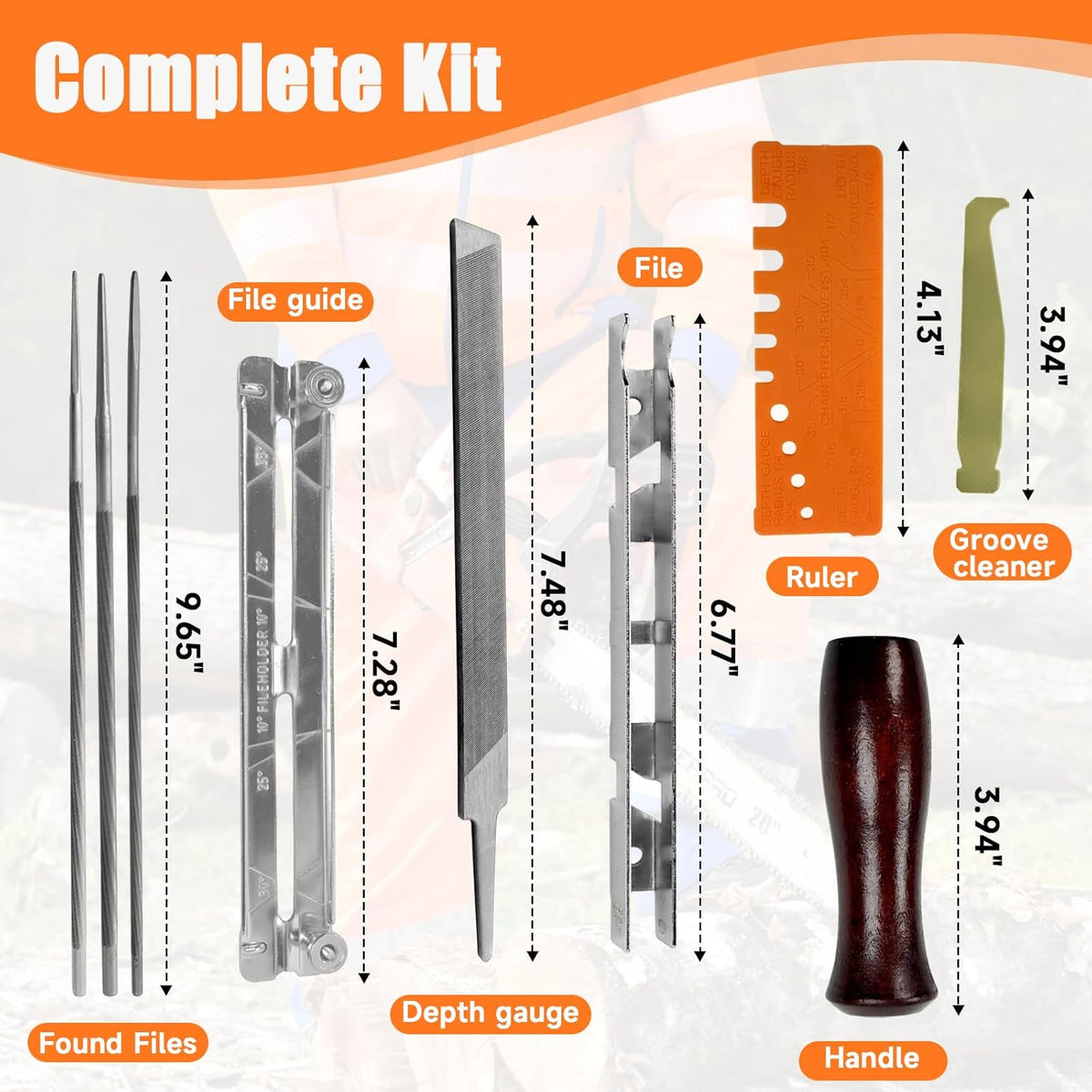 10 PC Chainsaw Sharpener Kit with 5/32" 3/16" 11/64" Round File | Complete Chain Saw Sharpener Set with 6-Inch Flat File, Depth Gauge, Filing Guide and Handle for Chainsaw Chain Sharpening