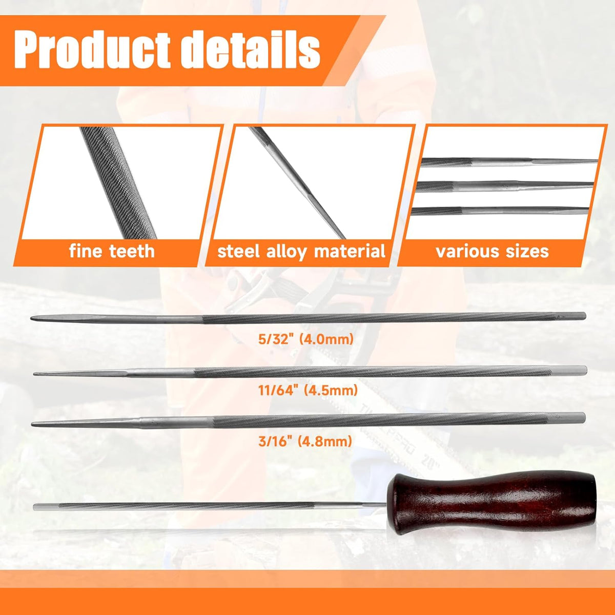 10 PC Chainsaw Sharpener Kit with 5/32" 3/16" 11/64" Round File | Complete Chain Saw Sharpener Set with 6-Inch Flat File, Depth Gauge, Filing Guide and Handle for Chainsaw Chain Sharpening