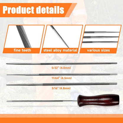 10 PC Chainsaw Sharpener Kit with 5/32" 3/16" 11/64" Round File | Complete Chain Saw Sharpener Set with 6-Inch Flat File, Depth Gauge, Filing Guide and Handle for Chainsaw Chain Sharpening