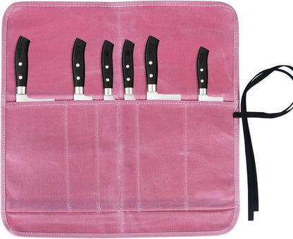 Knife Roll Bag, Chef’s Knife Roll Bag, Heavy Duty Chef Knife Roll Bag with 6 Slots, Waxed Canvas Knife Bag Roll, Knife Pouch Holder for Home Kitchen Travel Camping,Pink