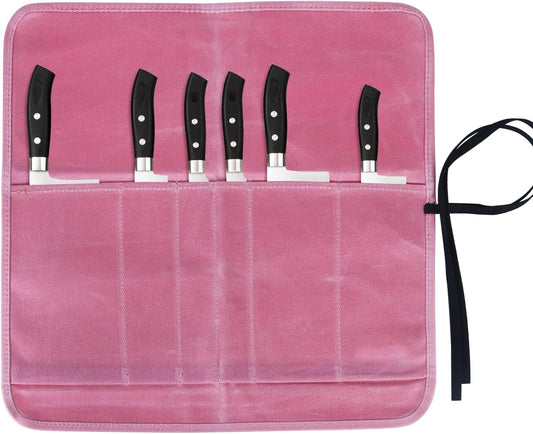 Knife Roll Bag, Chef’s Knife Roll Bag, Heavy Duty Chef Knife Roll Bag with 6 Slots, Waxed Canvas Knife Bag Roll, Knife Pouch Holder for Home Kitchen Travel Camping,Pink