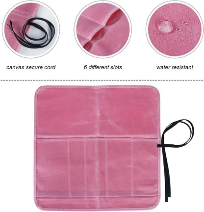 Knife Roll Bag, Chef’s Knife Roll Bag, Heavy Duty Chef Knife Roll Bag with 6 Slots, Waxed Canvas Knife Bag Roll, Knife Pouch Holder for Home Kitchen Travel Camping,Pink