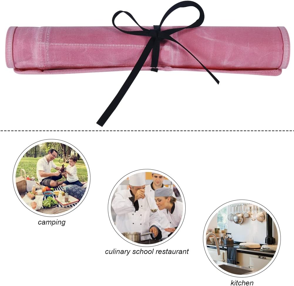 Knife Roll Bag, Chef’s Knife Roll Bag, Heavy Duty Chef Knife Roll Bag with 6 Slots, Waxed Canvas Knife Bag Roll, Knife Pouch Holder for Home Kitchen Travel Camping,Pink
