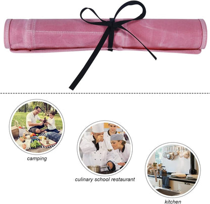 Knife Roll Bag, Chef’s Knife Roll Bag, Heavy Duty Chef Knife Roll Bag with 6 Slots, Waxed Canvas Knife Bag Roll, Knife Pouch Holder for Home Kitchen Travel Camping,Pink
