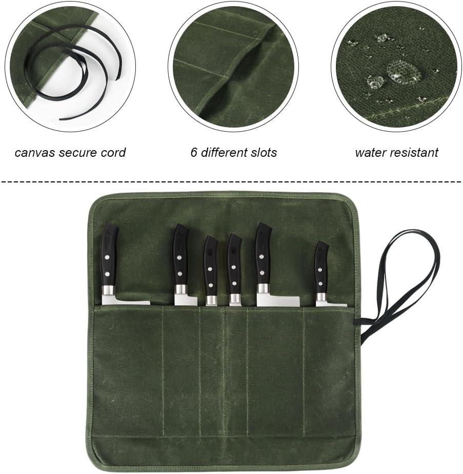 Knife Roll Bag, Chef’s Knife Roll Bag, Heavy Duty Chef Knife Roll Bag with 6 Slots, Waxed Canvas Knife Bag Roll, Knife Pouch Holder for Home Kitchen Travel Camping,Pink