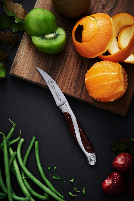 Bird's Beak Paring Knife - German High Carbon Steel - Sharp Small Kitchen Knife for Vegetables and Fruits - Ergonomic Quad-Tang Pakkawood Handle
