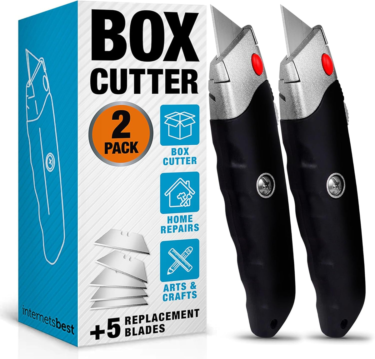 Premium Utility Knife Set | Retractable Box Cutter with Rubber Handle | Heavy-Duty Cutting for Cardboard, Carpet, Plastic | Retractable Blade | Includes 2 Razor Knives & Extra Blades