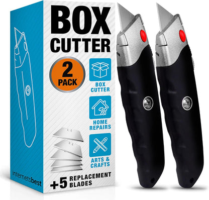 Premium Utility Knife Set | Retractable Box Cutter with Rubber Handle | Heavy-Duty Cutting for Cardboard, Carpet, Plastic | Retractable Blade | Includes 2 Razor Knives & Extra Blades