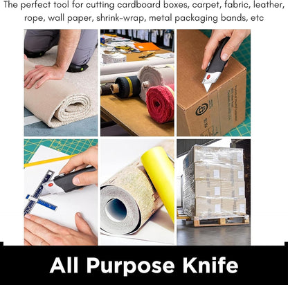 Premium Utility Knife Set | Retractable Box Cutter with Rubber Handle | Heavy-Duty Cutting for Cardboard, Carpet, Plastic | Retractable Blade | Includes 2 Razor Knives & Extra Blades