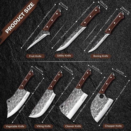 Butcher Knife Set, 14PCS Hand Forged Butcher Chef Knife Set with Roll Bag, Heavy Duty Meat Cleaver, Fillet Knives, Meat Cutting Knife for Home Kitchen, Camping BBQ, Gifts for Men