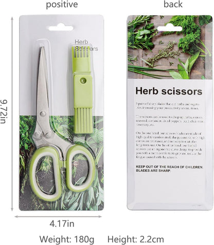 Gourmet Herb Scissors Set Multipurpose Cutting Shears with Stainless Steel 5 Blades, Herb Stripper, Safety Cover Cleaning Comb for Cutting Cilantro Onion Salad (Green)