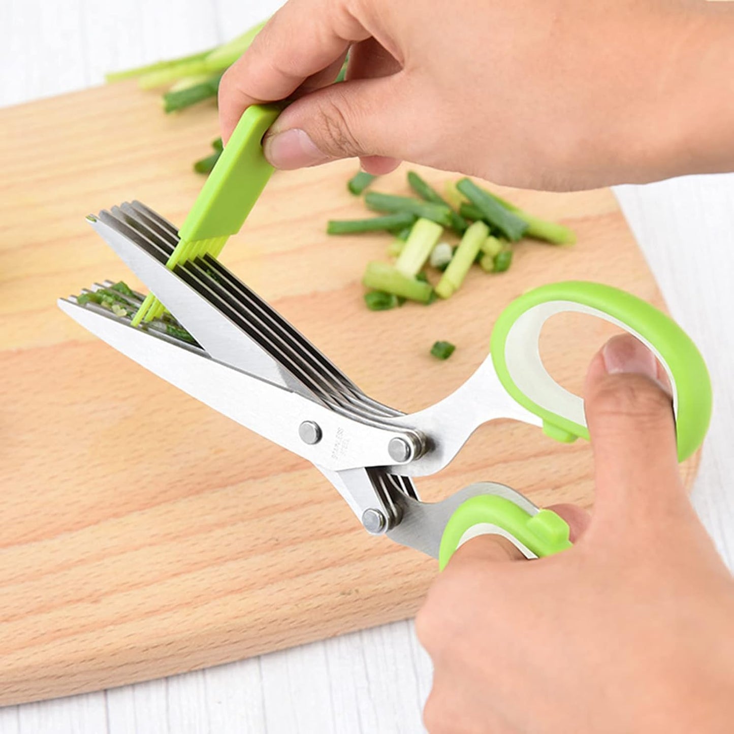 Gourmet Herb Scissors Set Multipurpose Cutting Shears with Stainless Steel 5 Blades, Herb Stripper, Safety Cover Cleaning Comb for Cutting Cilantro Onion Salad (Green)