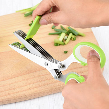Gourmet Herb Scissors Set Multipurpose Cutting Shears with Stainless Steel 5 Blades, Herb Stripper, Safety Cover Cleaning Comb for Cutting Cilantro Onion Salad (Green)