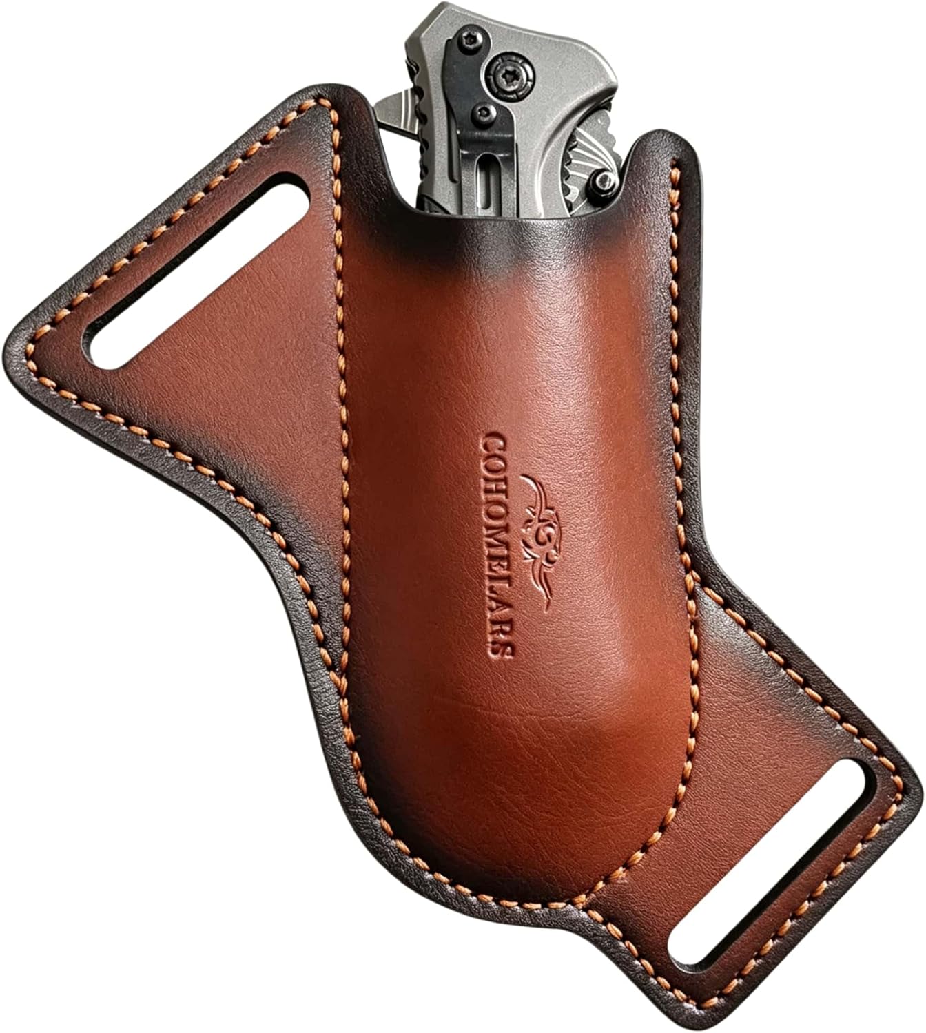 Leather Folding Knife Sheath for Belt, Horizontal Carry Brown Knife Sheaths for 4'' - 5'' Pocket Knives, Knife Holder Compact Draw Knifes Carrier EDC Tools Holster Knife Case