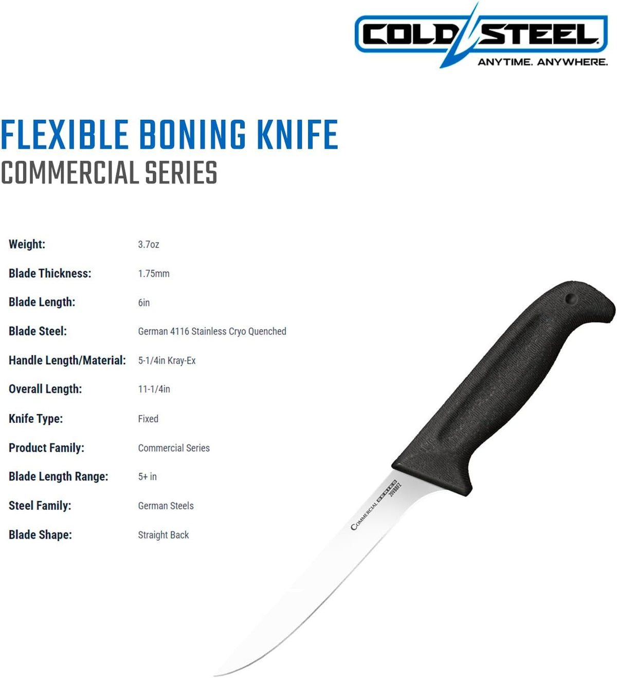 Cold Steel Commercial Series 6" Flexible German 4116 Stainless Steel Fixed Blade Narrow Straight Back Game & Fish Processing Cutting Boning Knife with Ergonomic Kray-Ex Handle
