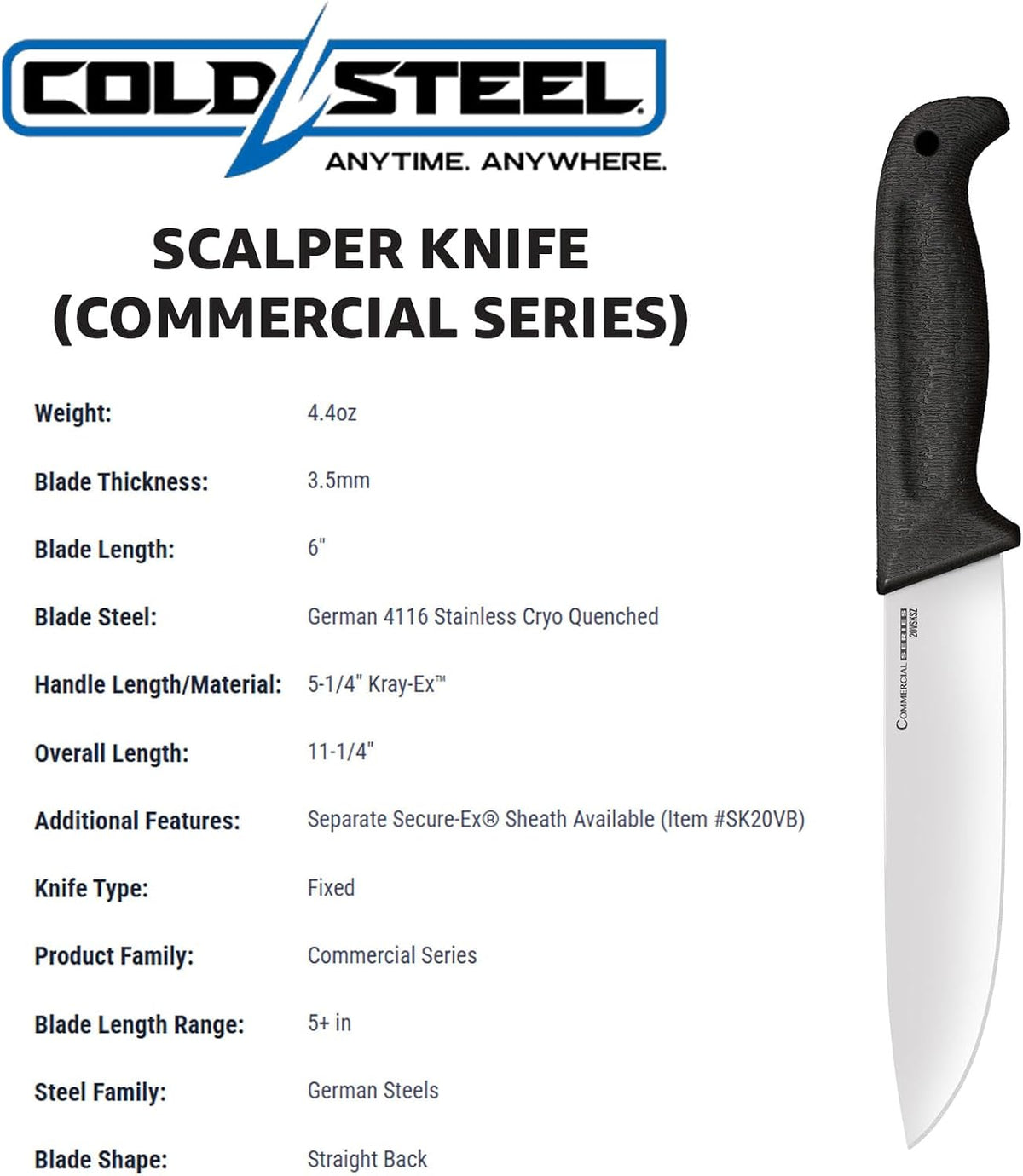 Cold Steel Commercial Series 6" Flexible German 4116 Stainless Steel Fixed Blade Narrow Straight Back Game & Fish Processing Cutting Boning Knife with Ergonomic Kray-Ex Handle
