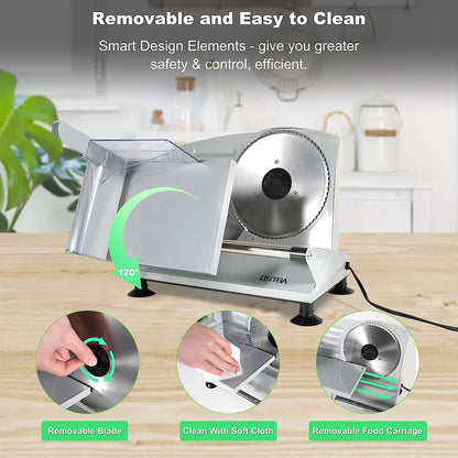 Meat Slicer Machine for Home, Electric Deli Food Slicer with Removable 6.7” Stainless Steel Blades, 0-15mm Adjustable Thickness, Easy to Clean, 150W, Ideal for Cold Cuts, Cheese, Bread, Fruit