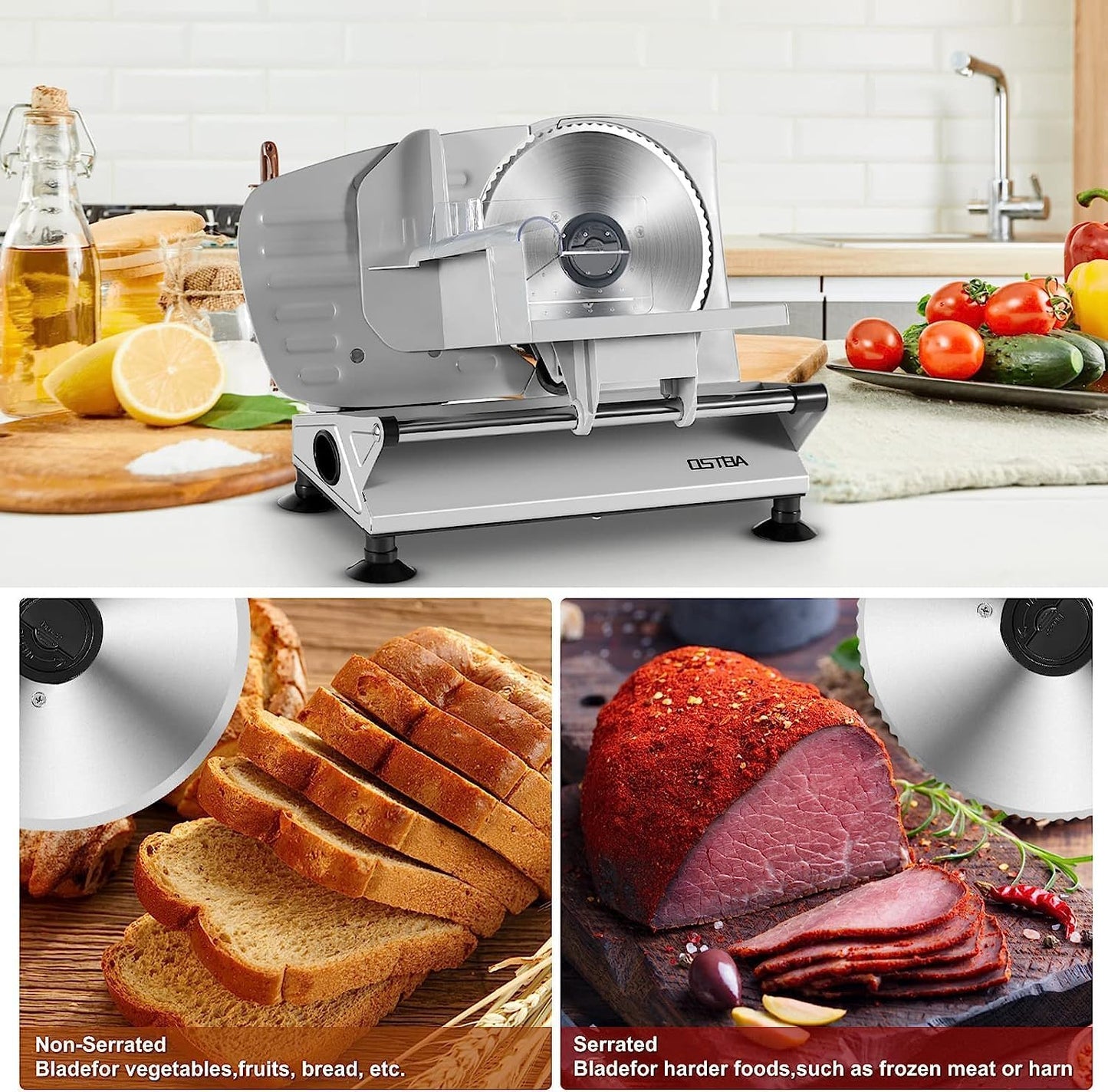 Meat Slicer Machine for Home, Electric Deli Food Slicer with Removable 6.7” Stainless Steel Blades, 0-15mm Adjustable Thickness, Easy to Clean, 150W, Ideal for Cold Cuts, Cheese, Bread, Fruit