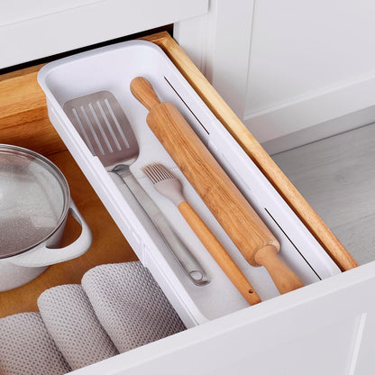 DrawerFit® Sliding Drawer Bin, Expandable and Adjustable Kitchen Storage Organizer, Speckled White