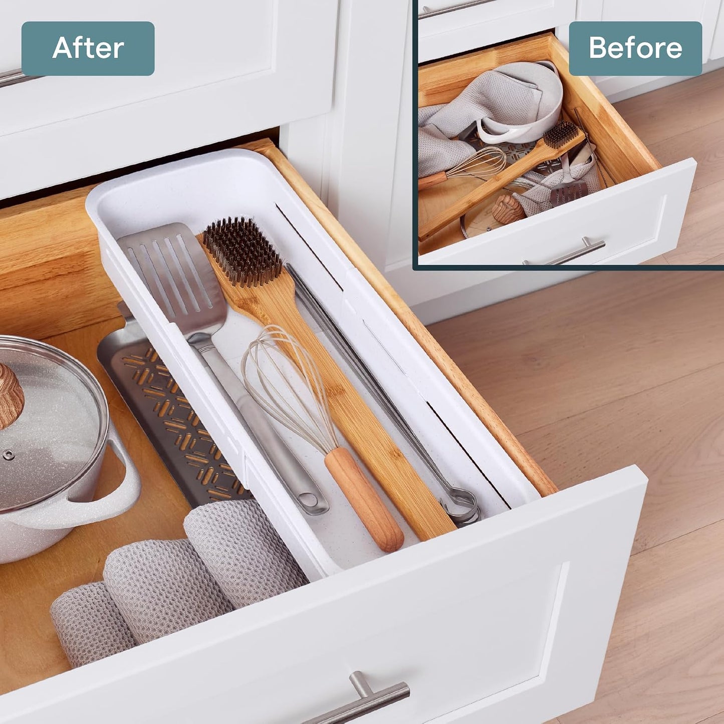 DrawerFit® Sliding Drawer Bin, Expandable and Adjustable Kitchen Storage Organizer, Speckled White
