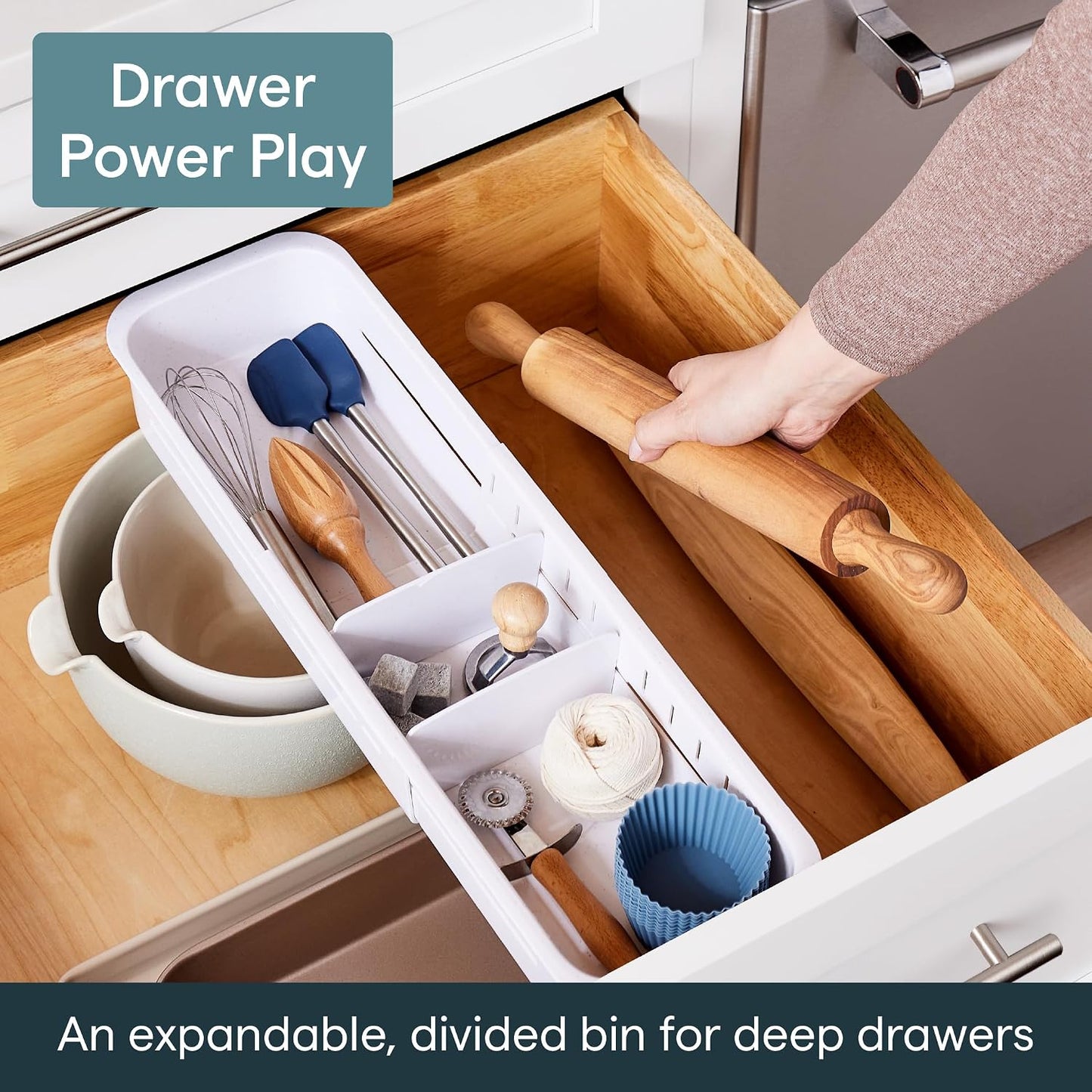 DrawerFit® Sliding Drawer Bin, Expandable and Adjustable Kitchen Storage Organizer, Speckled White