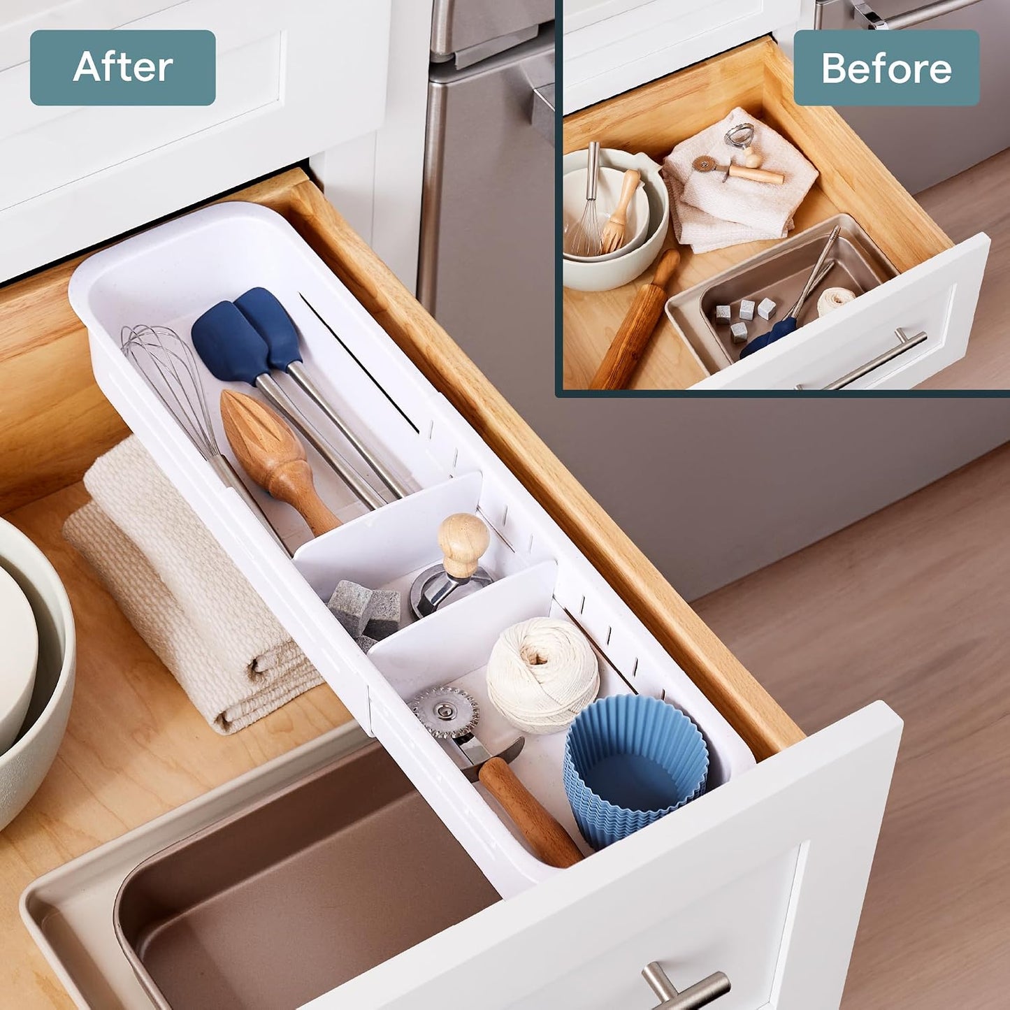 DrawerFit® Sliding Drawer Bin, Expandable and Adjustable Kitchen Storage Organizer, Speckled White