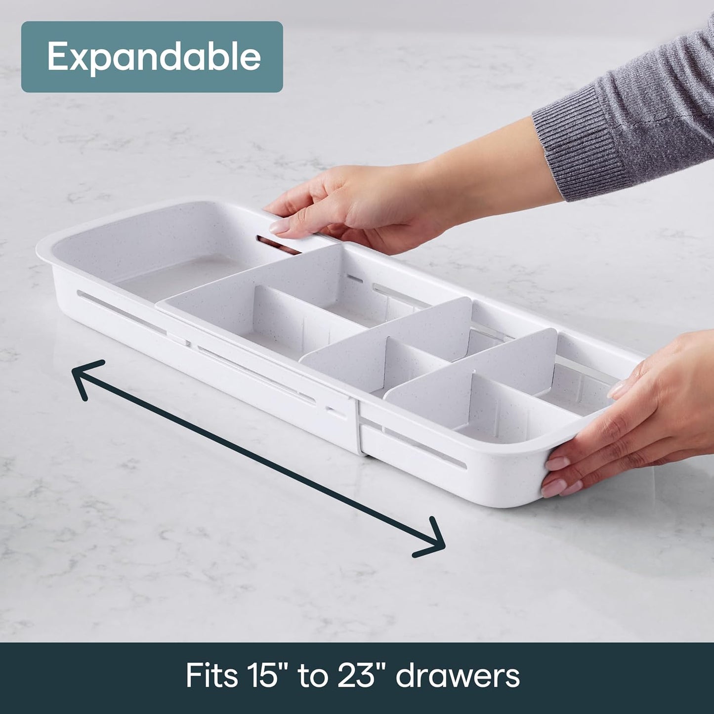 DrawerFit® Sliding Drawer Bin, Expandable and Adjustable Kitchen Storage Organizer, Speckled White