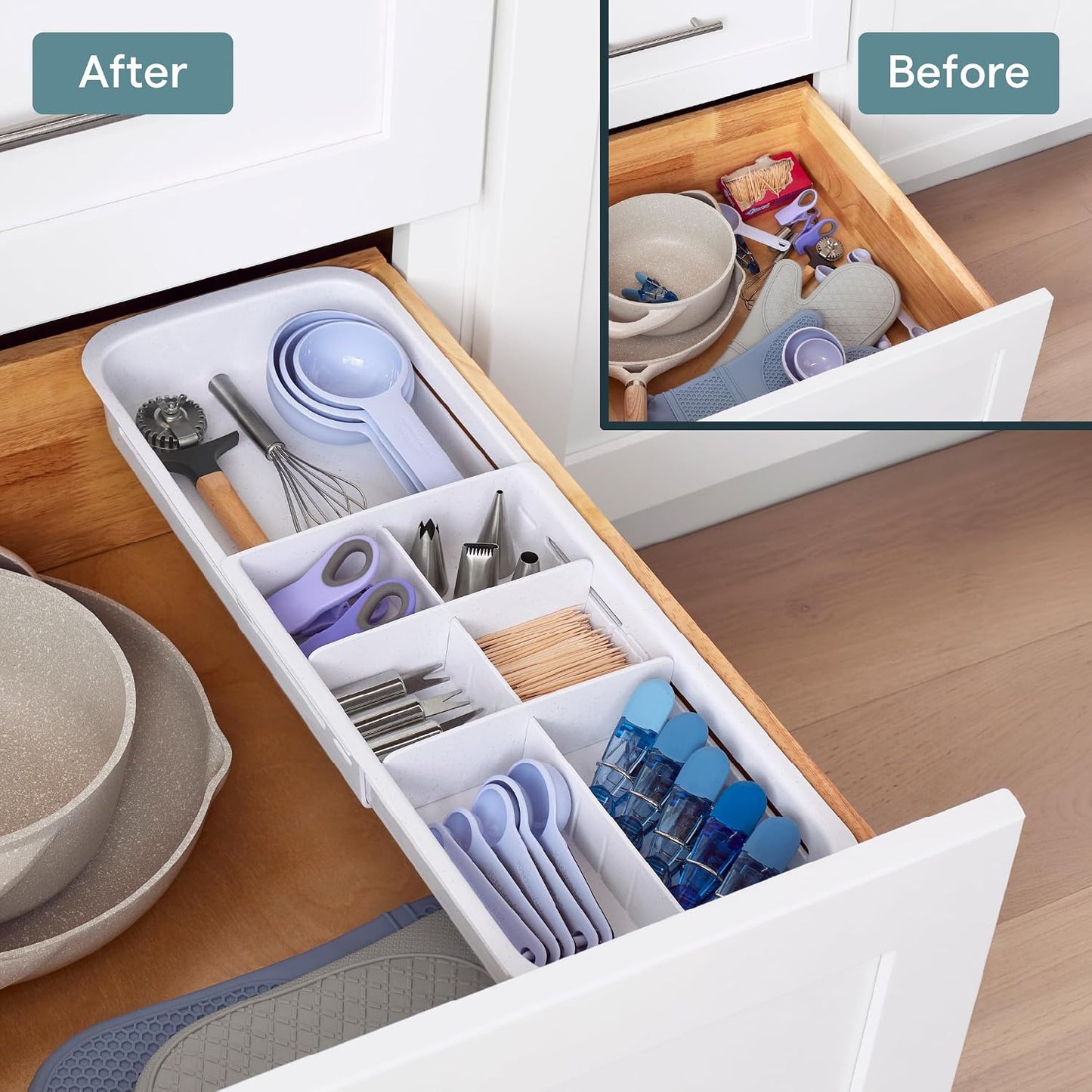 DrawerFit® Sliding Drawer Bin, Expandable and Adjustable Kitchen Storage Organizer, Speckled White
