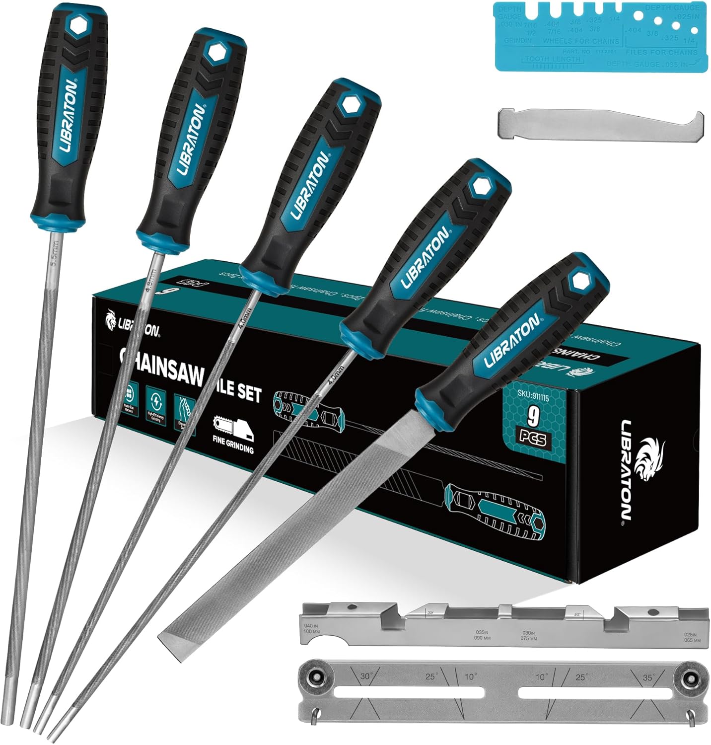 LIBRATON Chainsaw File Set, 5/32", 3/16", 7/32" Chainsaw Sharpener File | Chainsaw Sharpener, Round Saw Chain File, 6" Flat File, Depth Gauge, Filing Guide, Check Gauge, Bar Groove Cleaner, Pouch