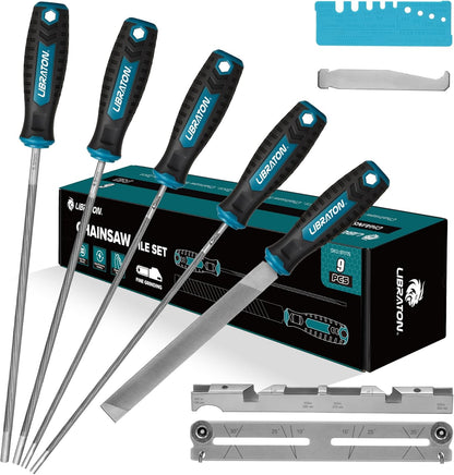 LIBRATON Chainsaw File Set, 5/32", 3/16", 7/32" Chainsaw Sharpener File | Chainsaw Sharpener, Round Saw Chain File, 6" Flat File, Depth Gauge, Filing Guide, Check Gauge, Bar Groove Cleaner, Pouch