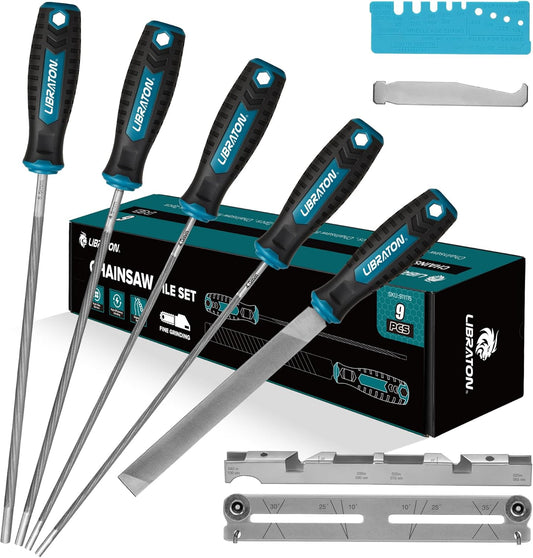LIBRATON Chainsaw File Set, 5/32", 3/16", 7/32" Chainsaw Sharpener File | Chainsaw Sharpener, Round Saw Chain File, 6" Flat File, Depth Gauge, Filing Guide, Check Gauge, Bar Groove Cleaner, Pouch