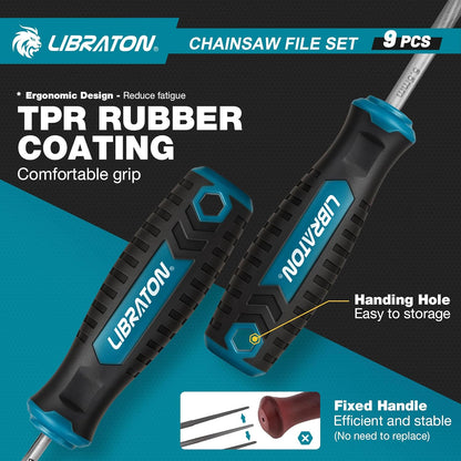 LIBRATON Chainsaw File Set, 5/32", 3/16", 7/32" Chainsaw Sharpener File | Chainsaw Sharpener, Round Saw Chain File, 6" Flat File, Depth Gauge, Filing Guide, Check Gauge, Bar Groove Cleaner, Pouch