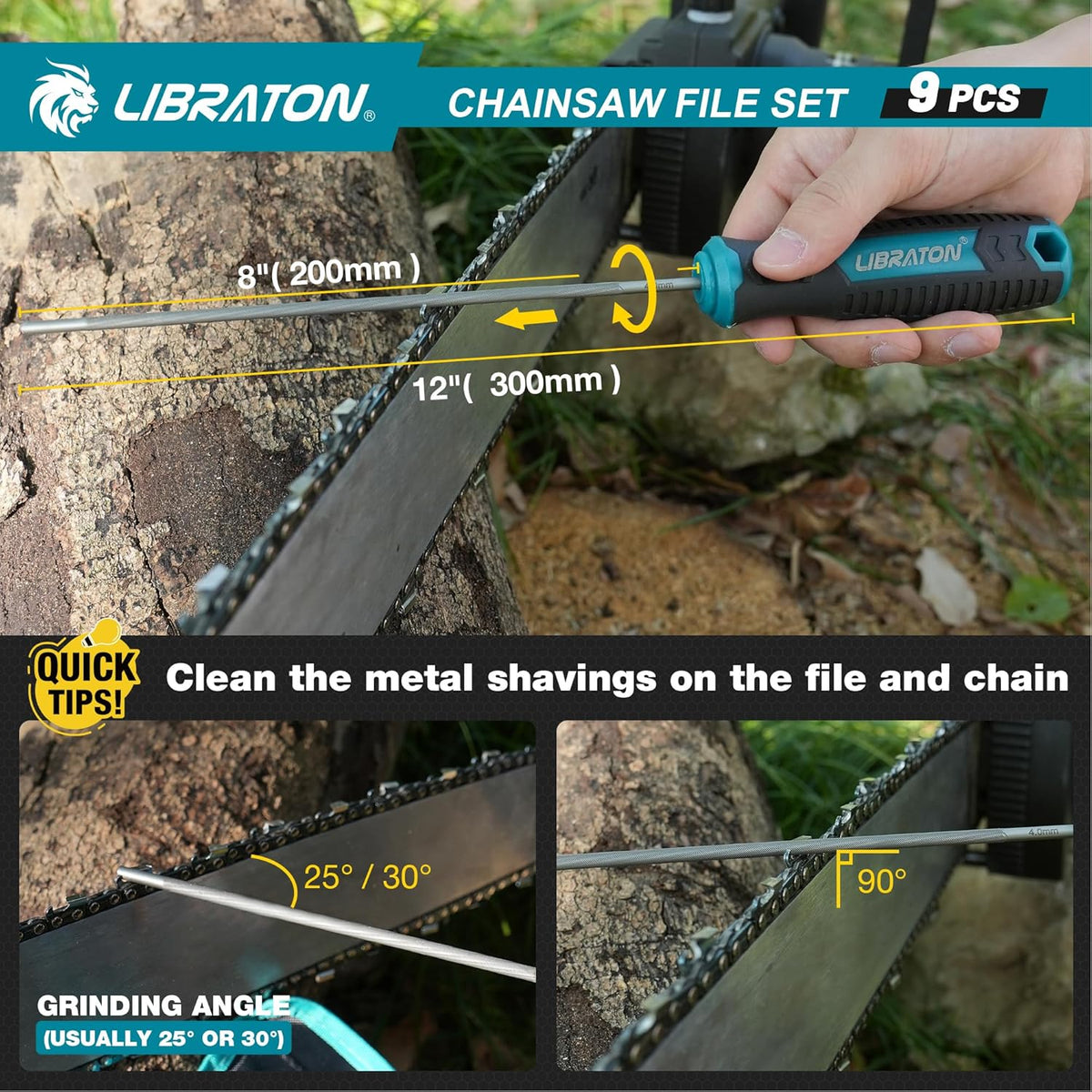 LIBRATON Chainsaw File Set, 5/32", 3/16", 7/32" Chainsaw Sharpener File | Chainsaw Sharpener, Round Saw Chain File, 6" Flat File, Depth Gauge, Filing Guide, Check Gauge, Bar Groove Cleaner, Pouch