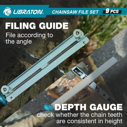 LIBRATON Chainsaw File Set, 5/32", 3/16", 7/32" Chainsaw Sharpener File | Chainsaw Sharpener, Round Saw Chain File, 6" Flat File, Depth Gauge, Filing Guide, Check Gauge, Bar Groove Cleaner, Pouch