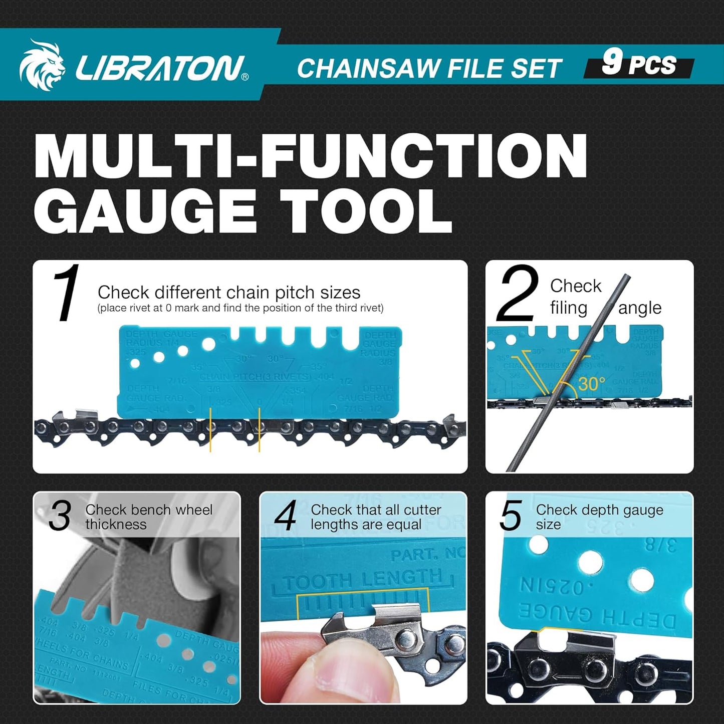 LIBRATON Chainsaw File Set, 5/32", 3/16", 7/32" Chainsaw Sharpener File | Chainsaw Sharpener, Round Saw Chain File, 6" Flat File, Depth Gauge, Filing Guide, Check Gauge, Bar Groove Cleaner, Pouch