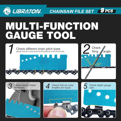 LIBRATON Chainsaw File Set, 5/32", 3/16", 7/32" Chainsaw Sharpener File | Chainsaw Sharpener, Round Saw Chain File, 6" Flat File, Depth Gauge, Filing Guide, Check Gauge, Bar Groove Cleaner, Pouch