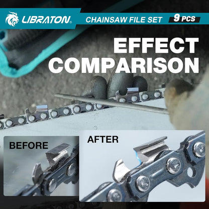 LIBRATON Chainsaw File Set, 5/32", 3/16", 7/32" Chainsaw Sharpener File | Chainsaw Sharpener, Round Saw Chain File, 6" Flat File, Depth Gauge, Filing Guide, Check Gauge, Bar Groove Cleaner, Pouch