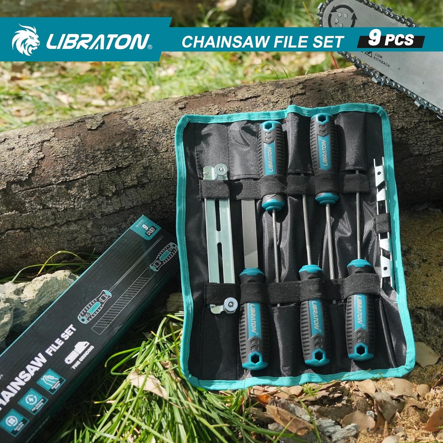 LIBRATON Chainsaw File Set, 5/32", 3/16", 7/32" Chainsaw Sharpener File | Chainsaw Sharpener, Round Saw Chain File, 6" Flat File, Depth Gauge, Filing Guide, Check Gauge, Bar Groove Cleaner, Pouch